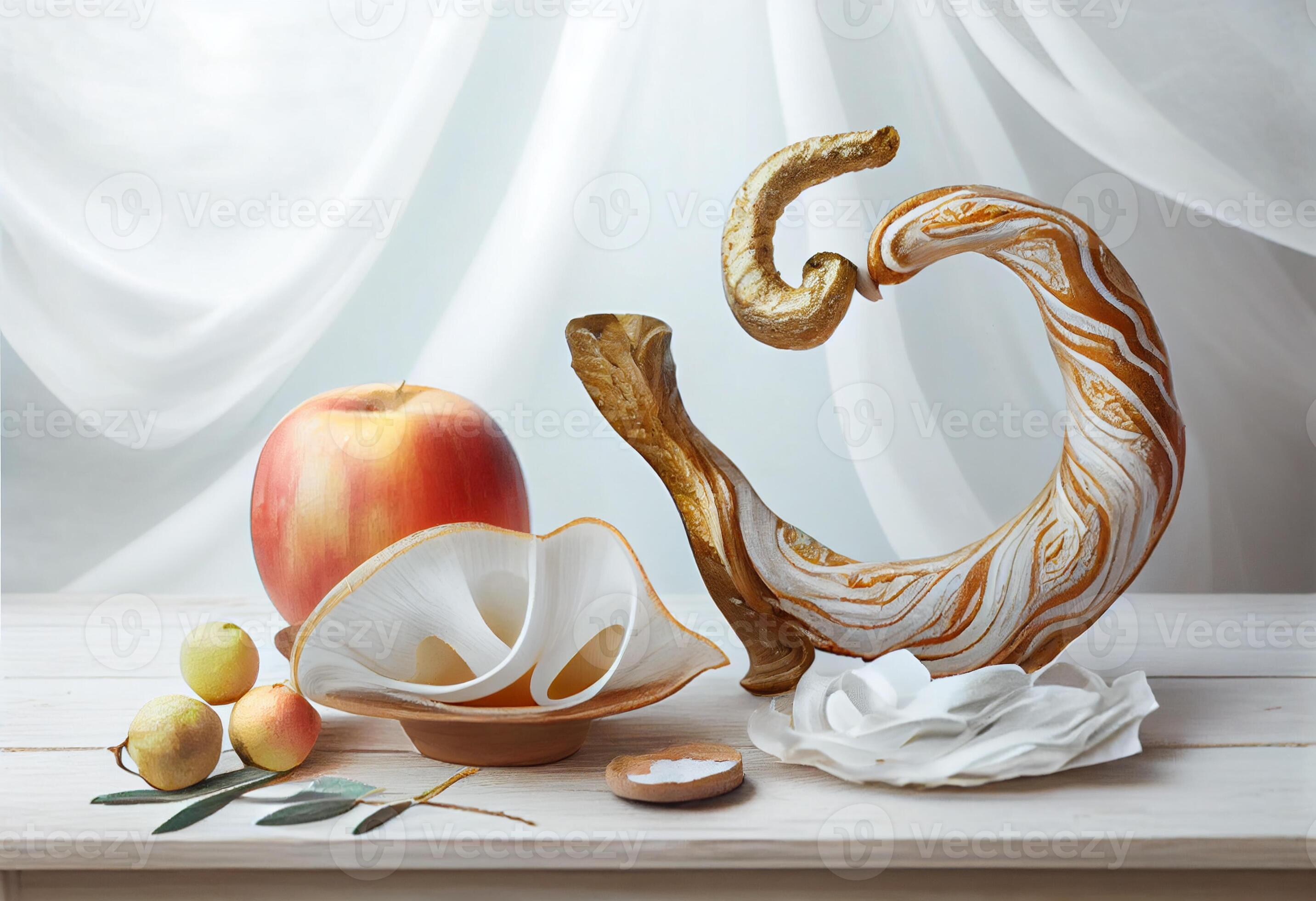 Shofar and other Rosh Hashanah holiday attributes on white wooden table