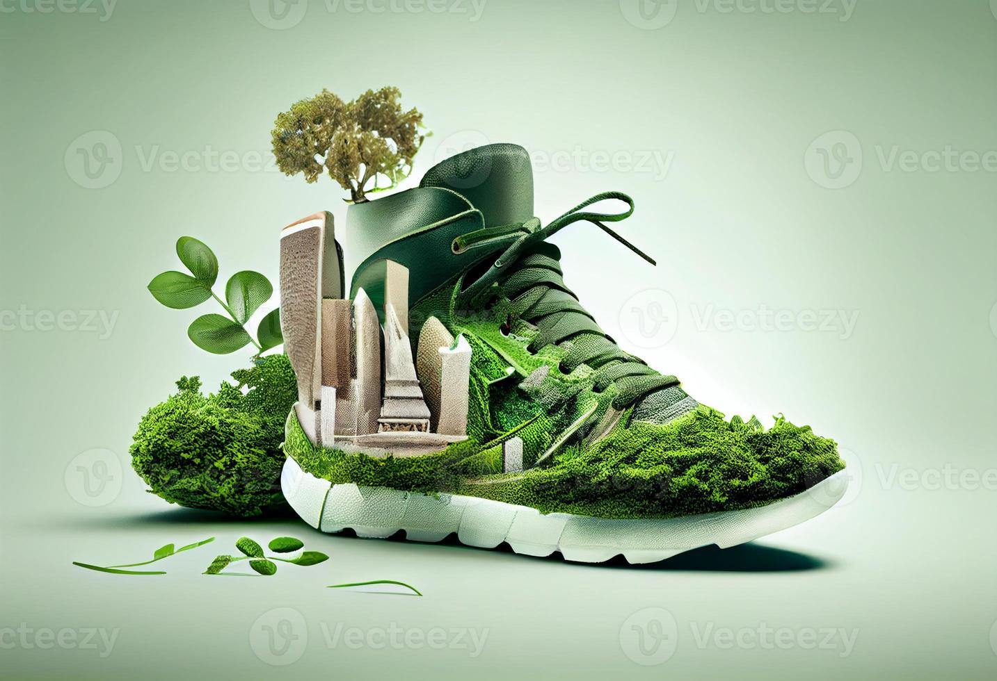 Shoe with greenery and city , Carbon Footprint concept. Generate Ai. photo