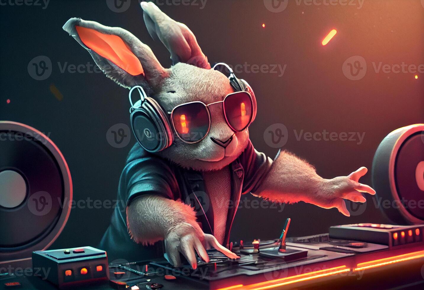 Rabbit DJ at the party. Generate Ai. photo