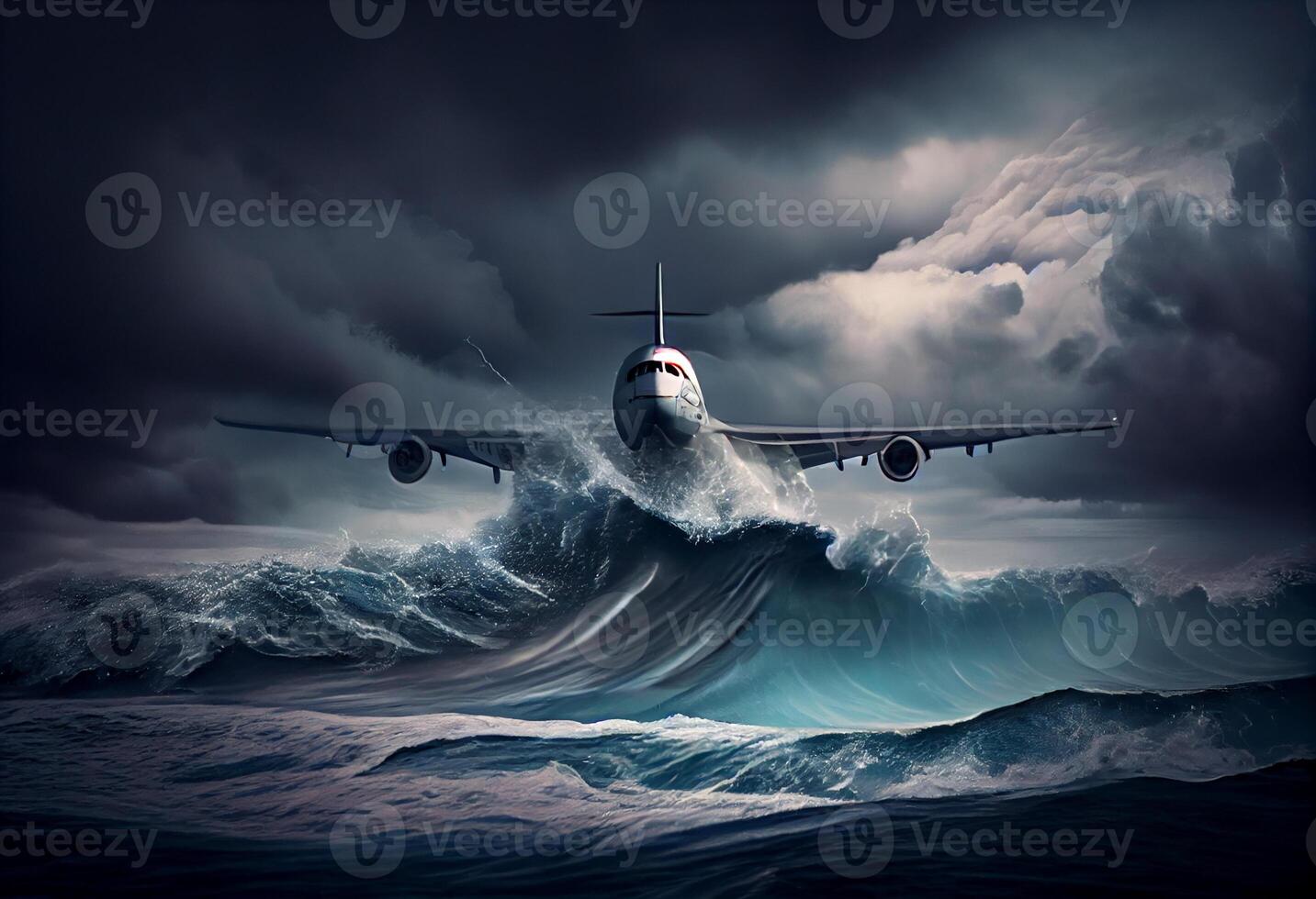 Passenger plane flies in a storm over the ocean. Generate Ai. photo