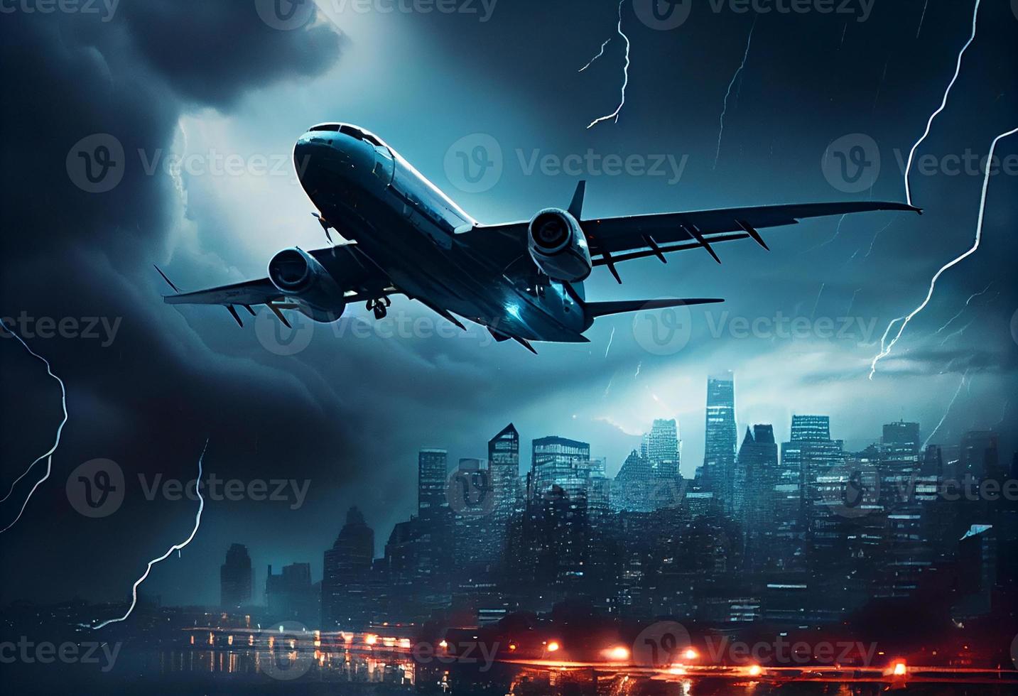 Passenger plane flies in a storm over the city . Generate Ai. photo