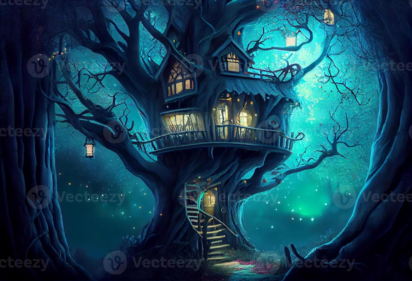 magical fantasy fairy tale scenery of tree house at night in a forest. Generate Ai. photo