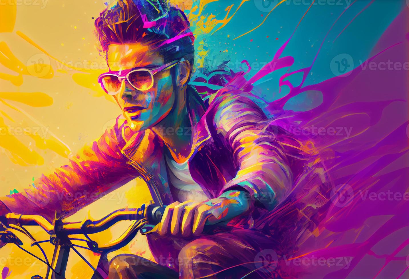 ilustración pintura de joven hombre montando un bicicleta con un vistoso energía, digital Arte estilo. generar ai. foto
