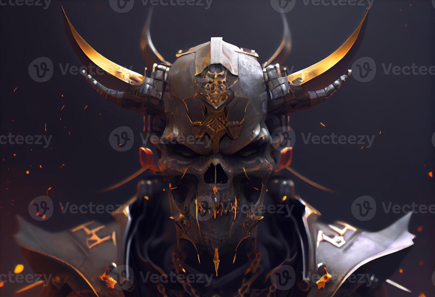 Skull devil cyborg samurai face, 3D rendering. Generate Ai. photo