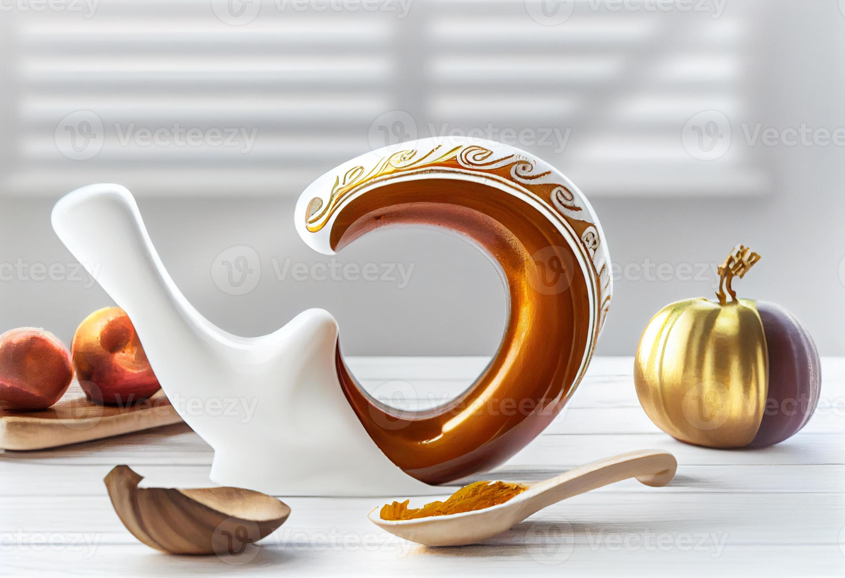 Shofar and other Rosh Hashanah holiday attributes on white wooden table