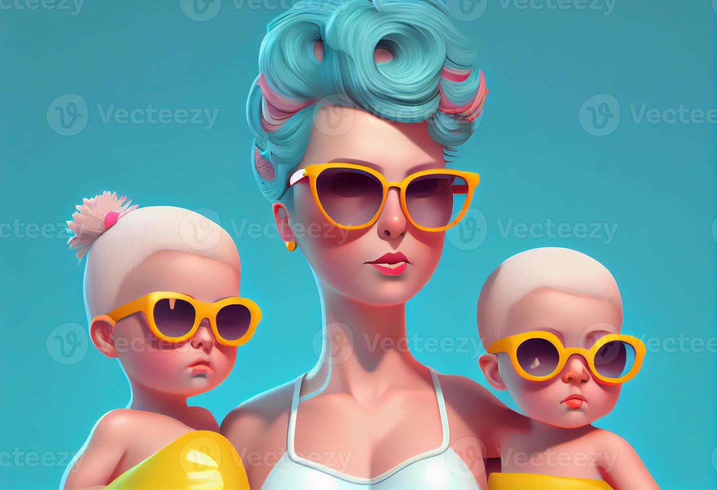 Mommy and Girls in swimsuits with a towel on hair and sunglasses 3d illustration. Generate Ai. photo