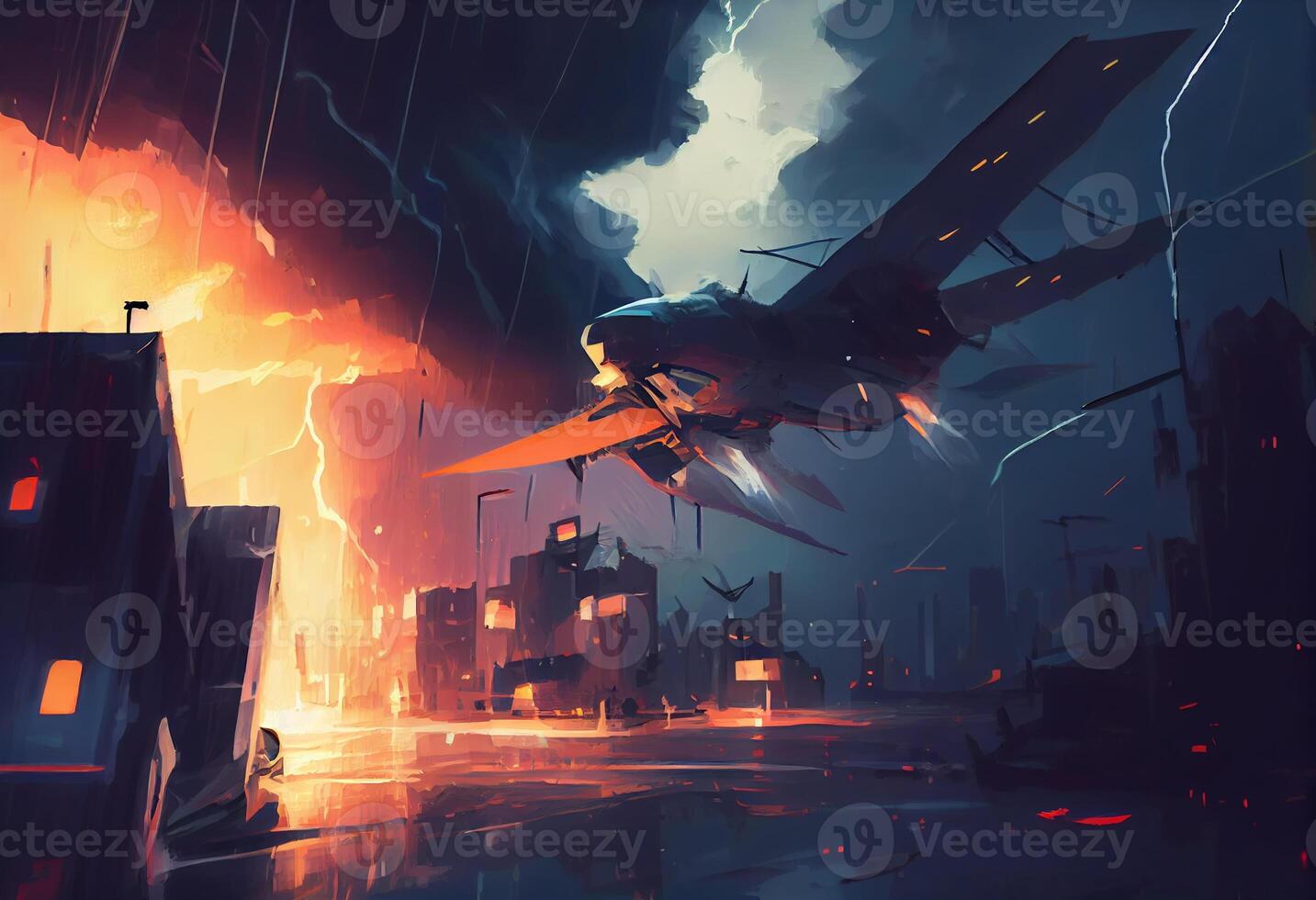 illustration painting of planes flying in the storm . Generate Ai. photo