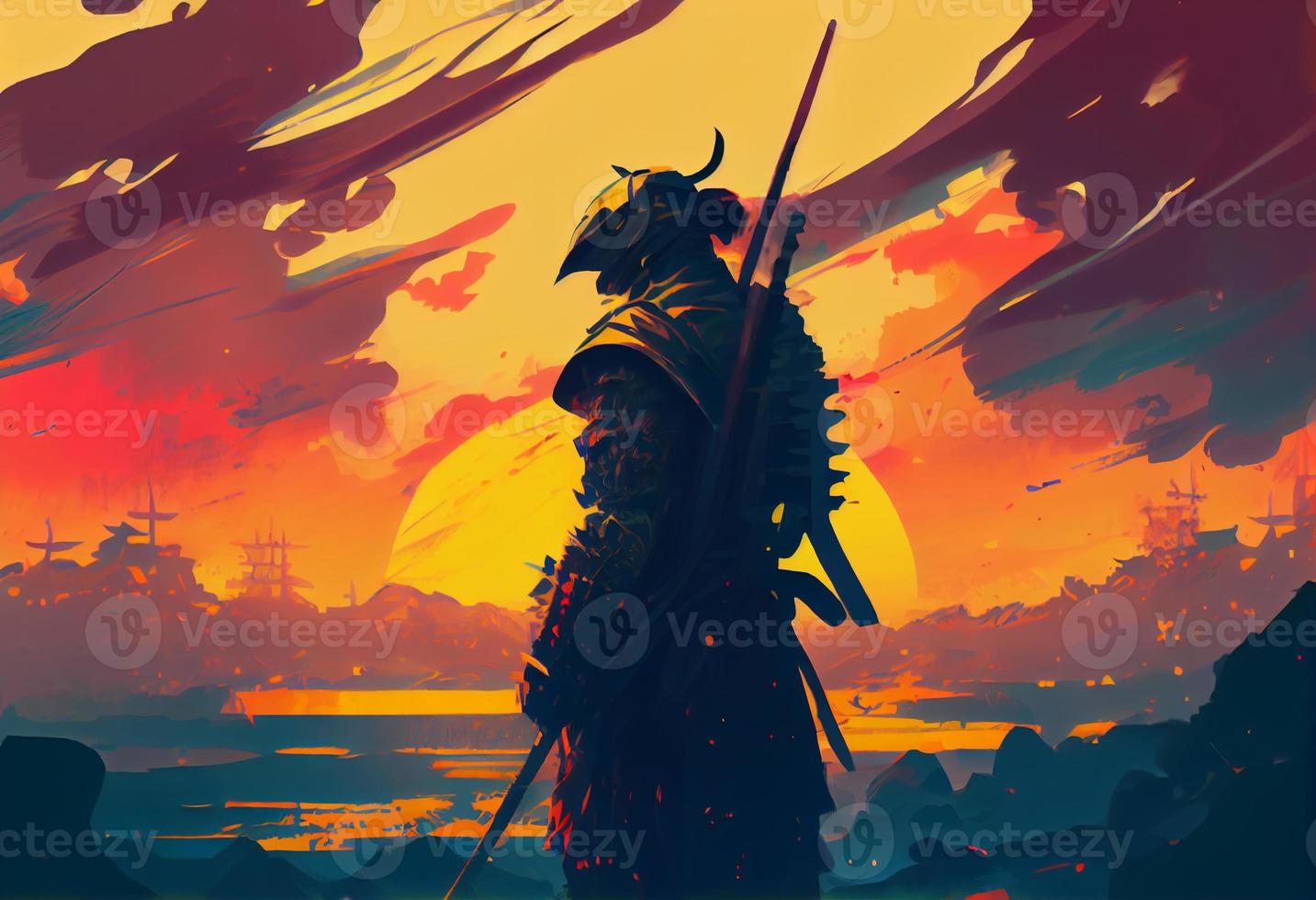illustration painting A samurai with a katana stands ready to fight against a huge army.. Generate Ai. photo