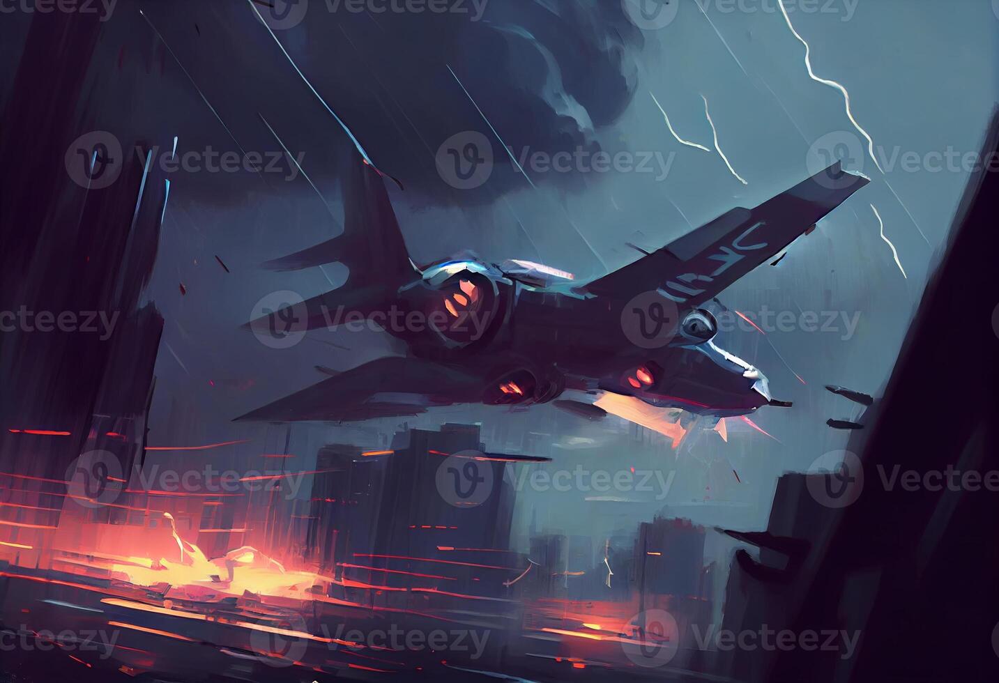 illustration painting of planes flying in the storm . Generate Ai. photo