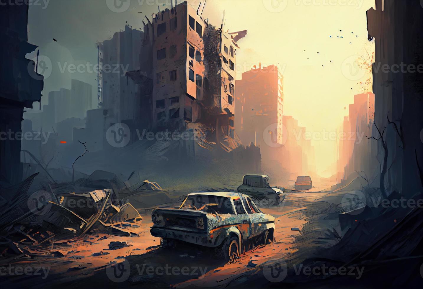 illustration painting of destroyed Abandoned City, Zombie Apocalypse. Generate Ai. photo