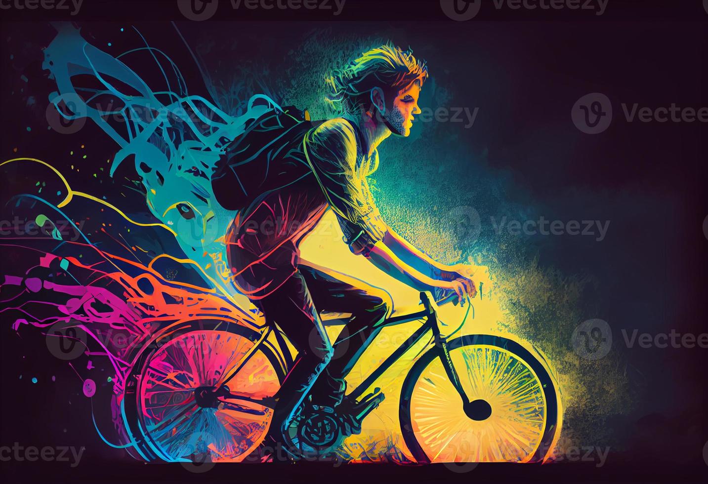 illustration painting of young man riding a bicycle with a colorful energy, digital art style. Generate Ai. photo