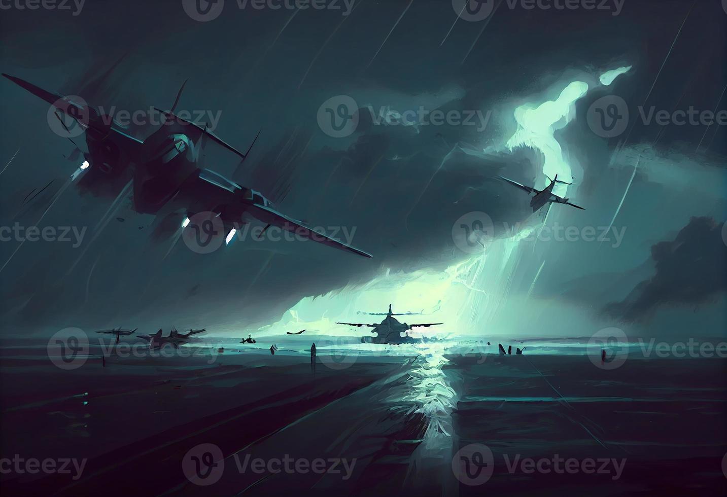 illustration painting of planes flying in the storm . Generate Ai. photo