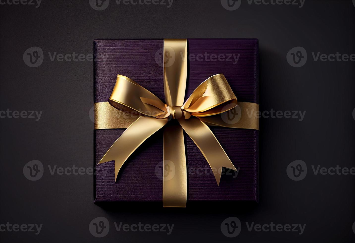 Gift box dark violet with gold ribbon bow on top, dark textured background. Generate Ai. photo