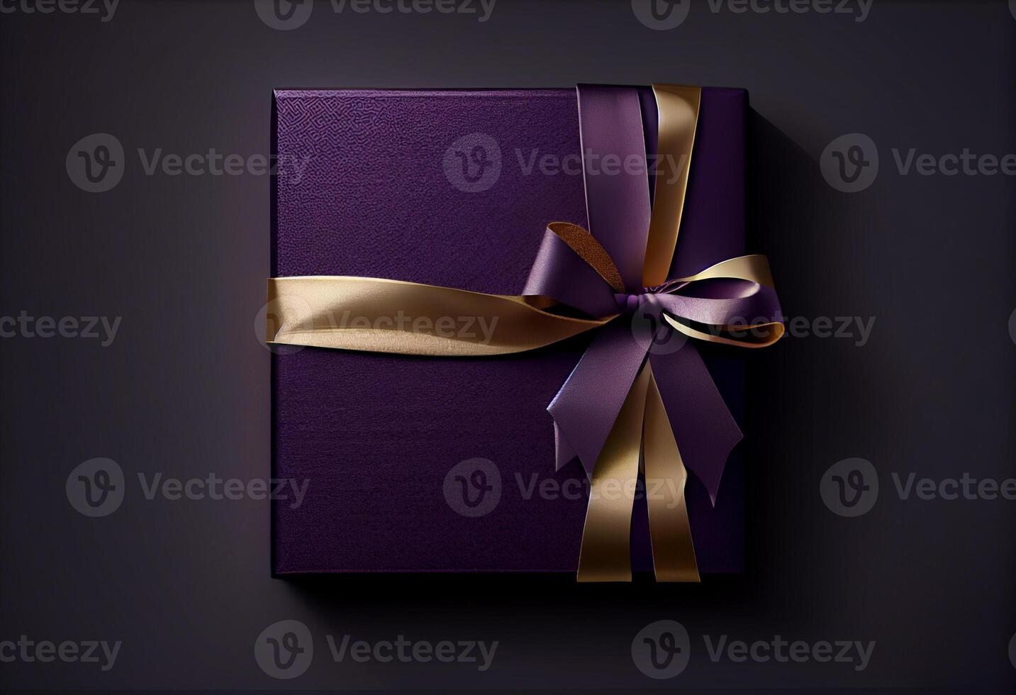 Gift box dark violet with gold ribbon bow on top, dark textured background. Generate Ai. photo