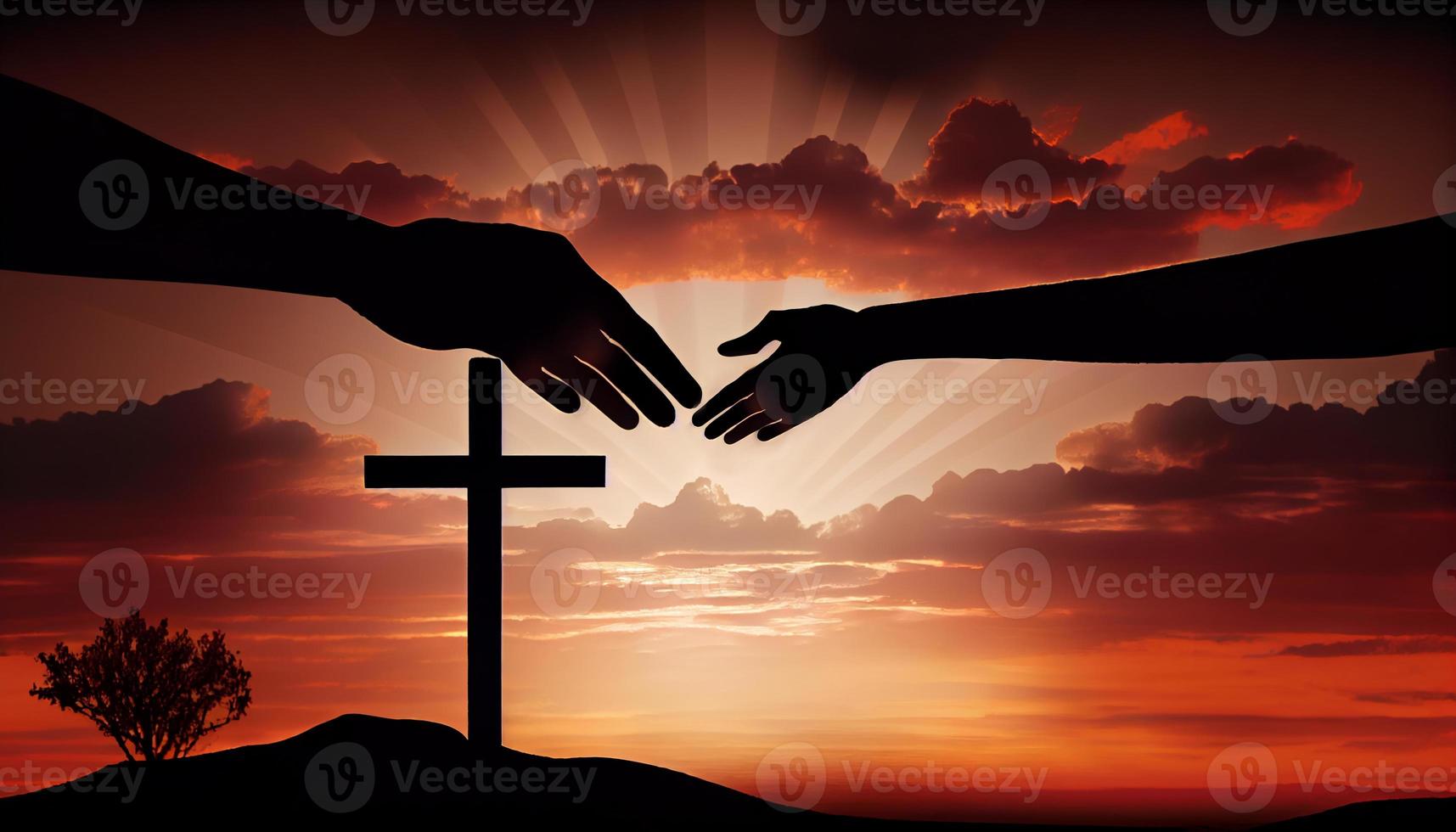 God's helping hand and cross on sunset background. Generate Ai. photo