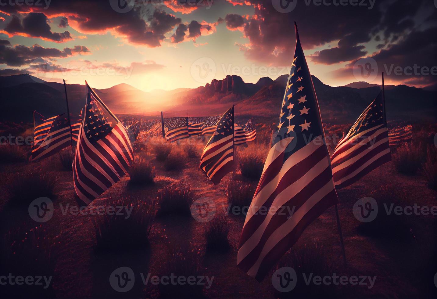 Field of American flags at Sunset . Generate Ai. photo