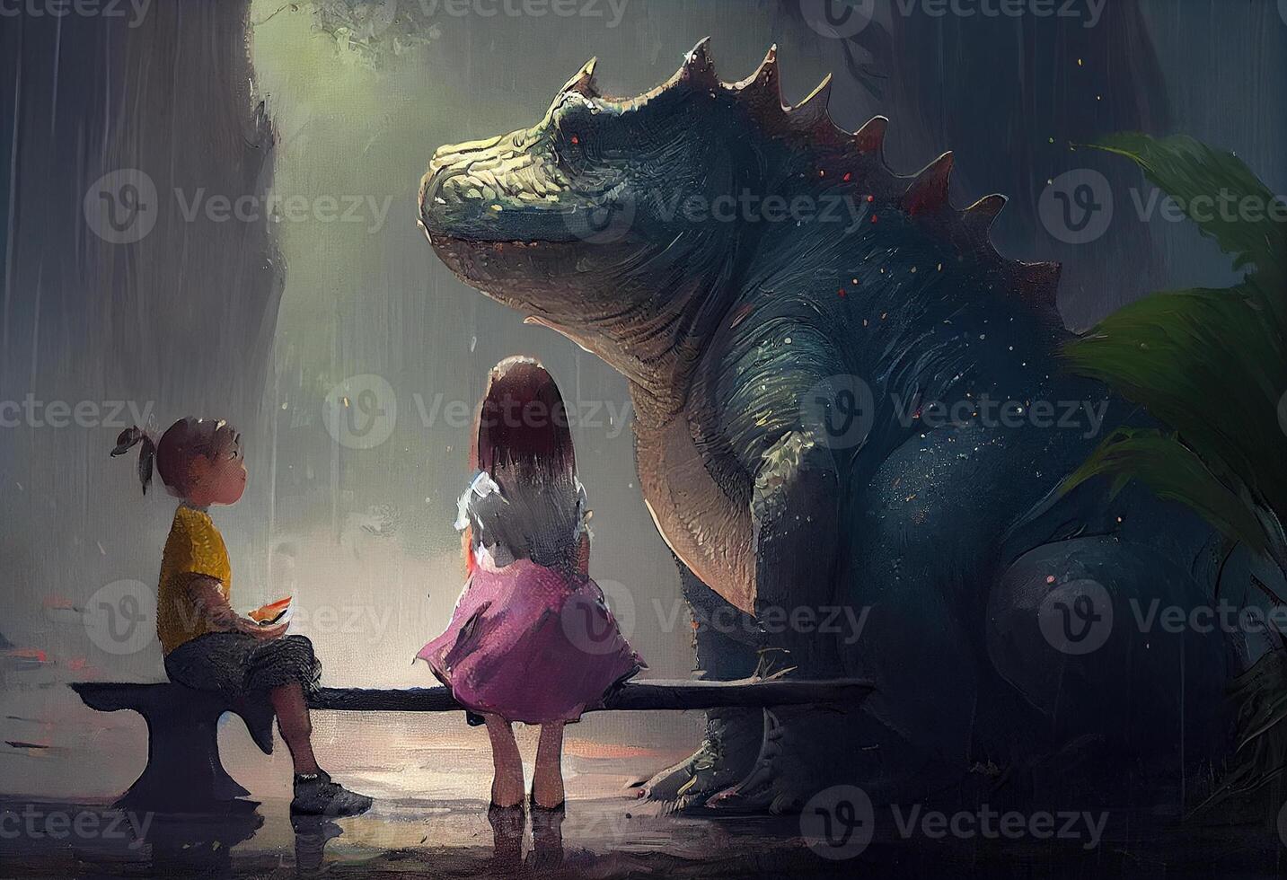 Dinosaurs sitting with a little girl. Generate Ai. photo