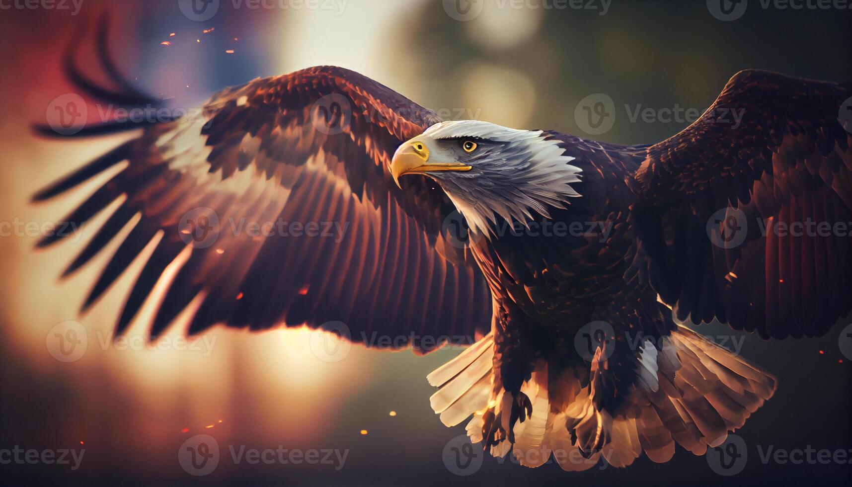 águila con americano bandera moscas en el cielo con borroso bokeh y luz de sol efecto - independencia día . generar ai. foto