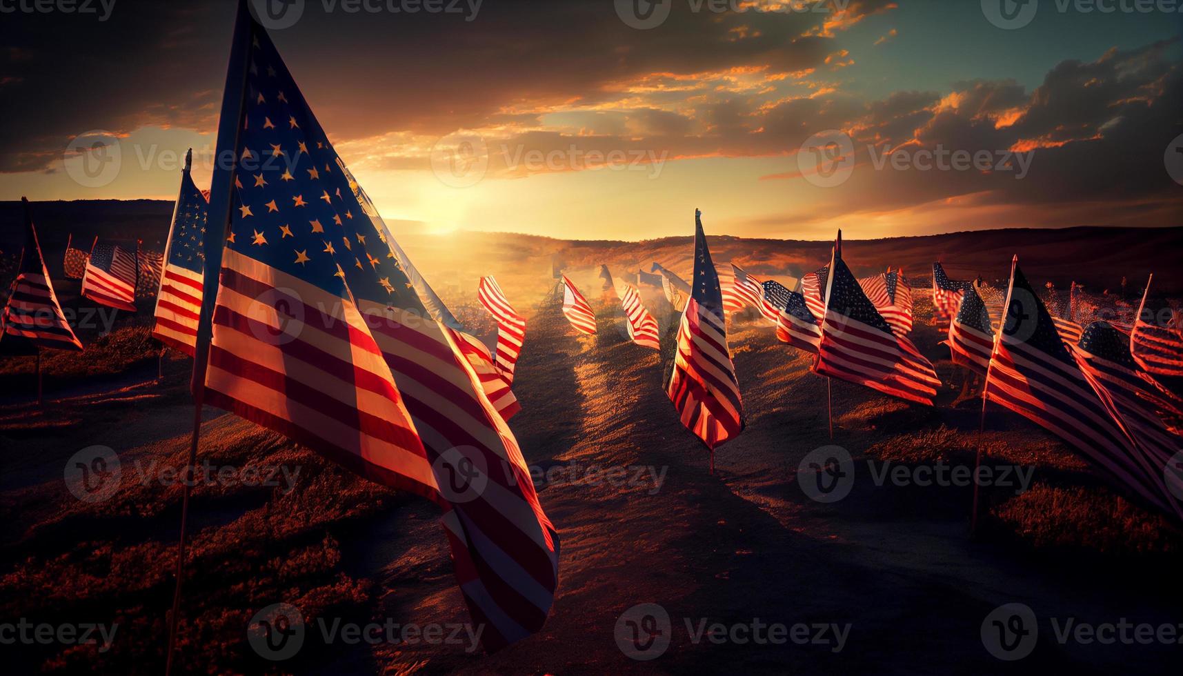 campo de americano banderas a puesta de sol . generar ai. foto