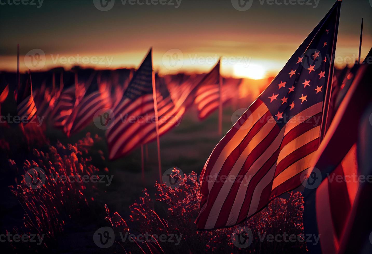 Field of American flags at Sunset . Generate Ai. photo