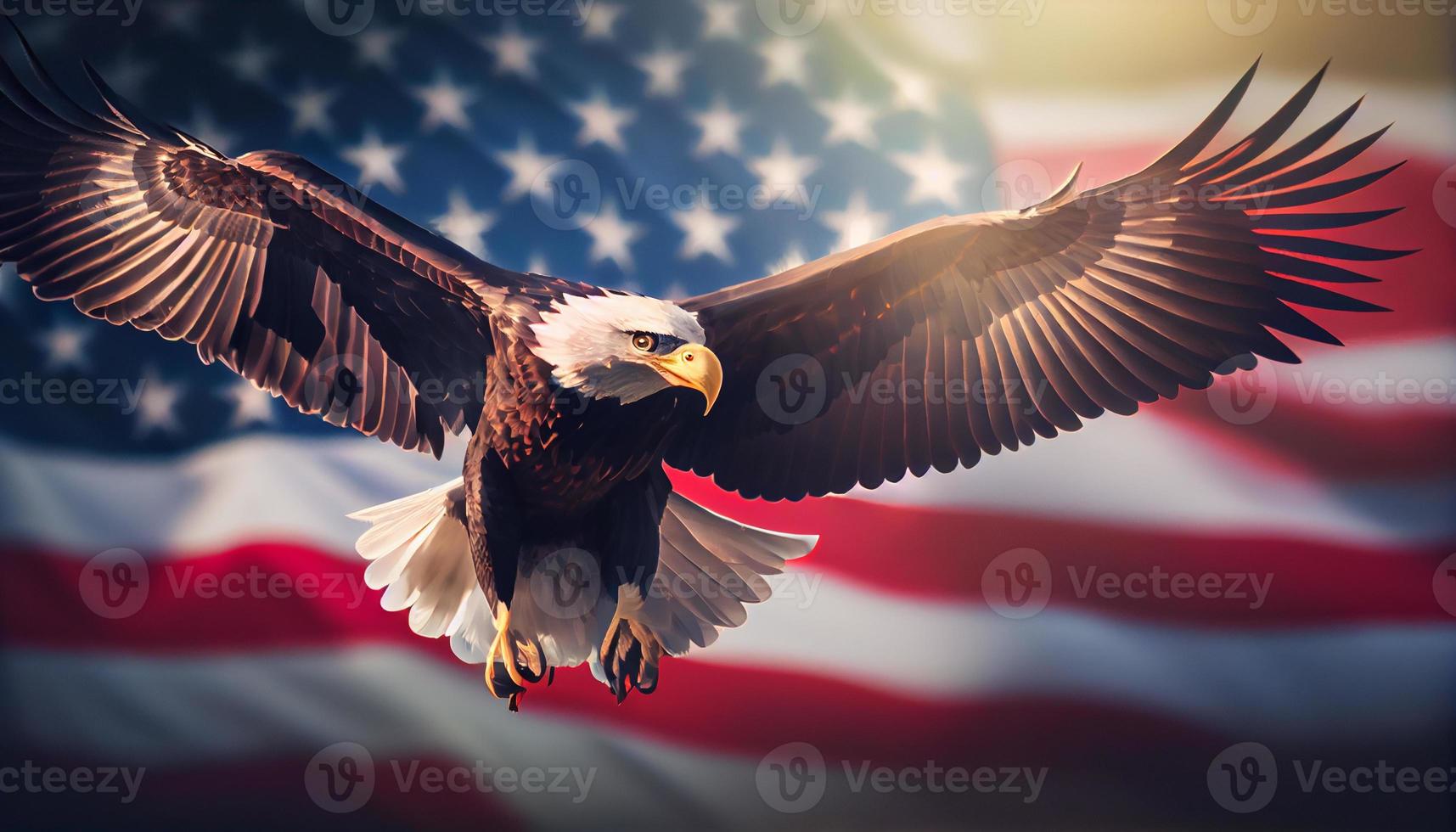 águila con americano bandera moscas en el cielo con borroso bokeh y luz de sol efecto - independencia día . generar ai. foto
