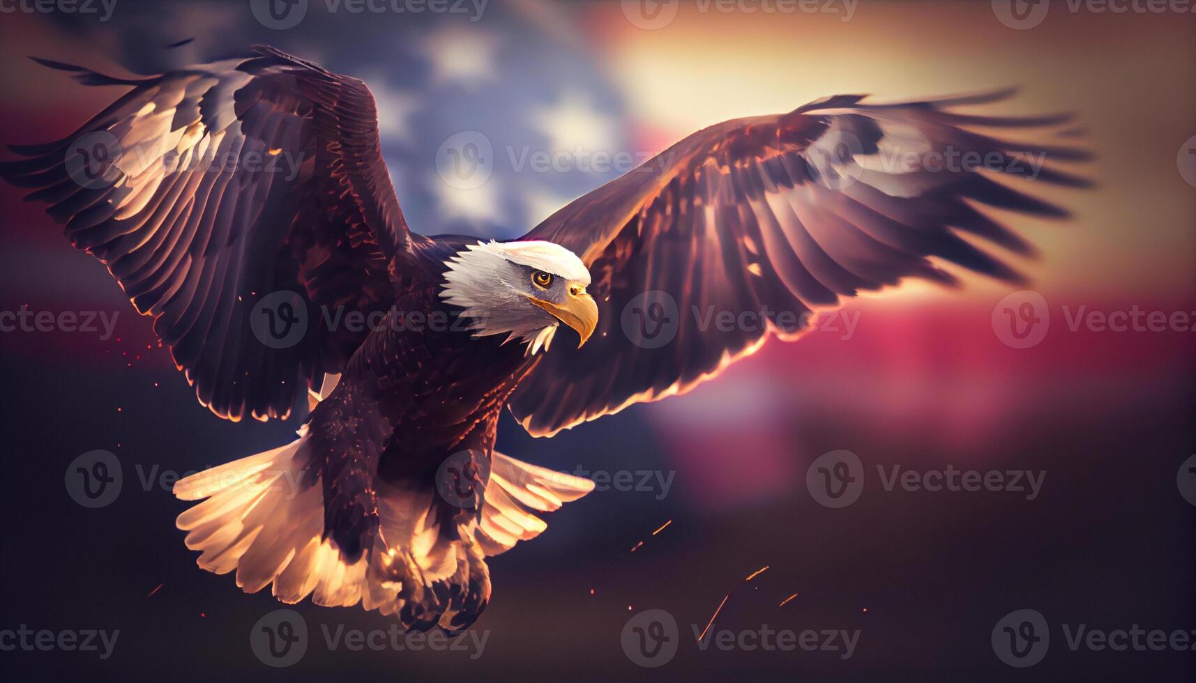 Eagle With American Flag Flies In The Sky With Blurred Bokeh And Sunlight Effect - Independence Day . Generate Ai. photo