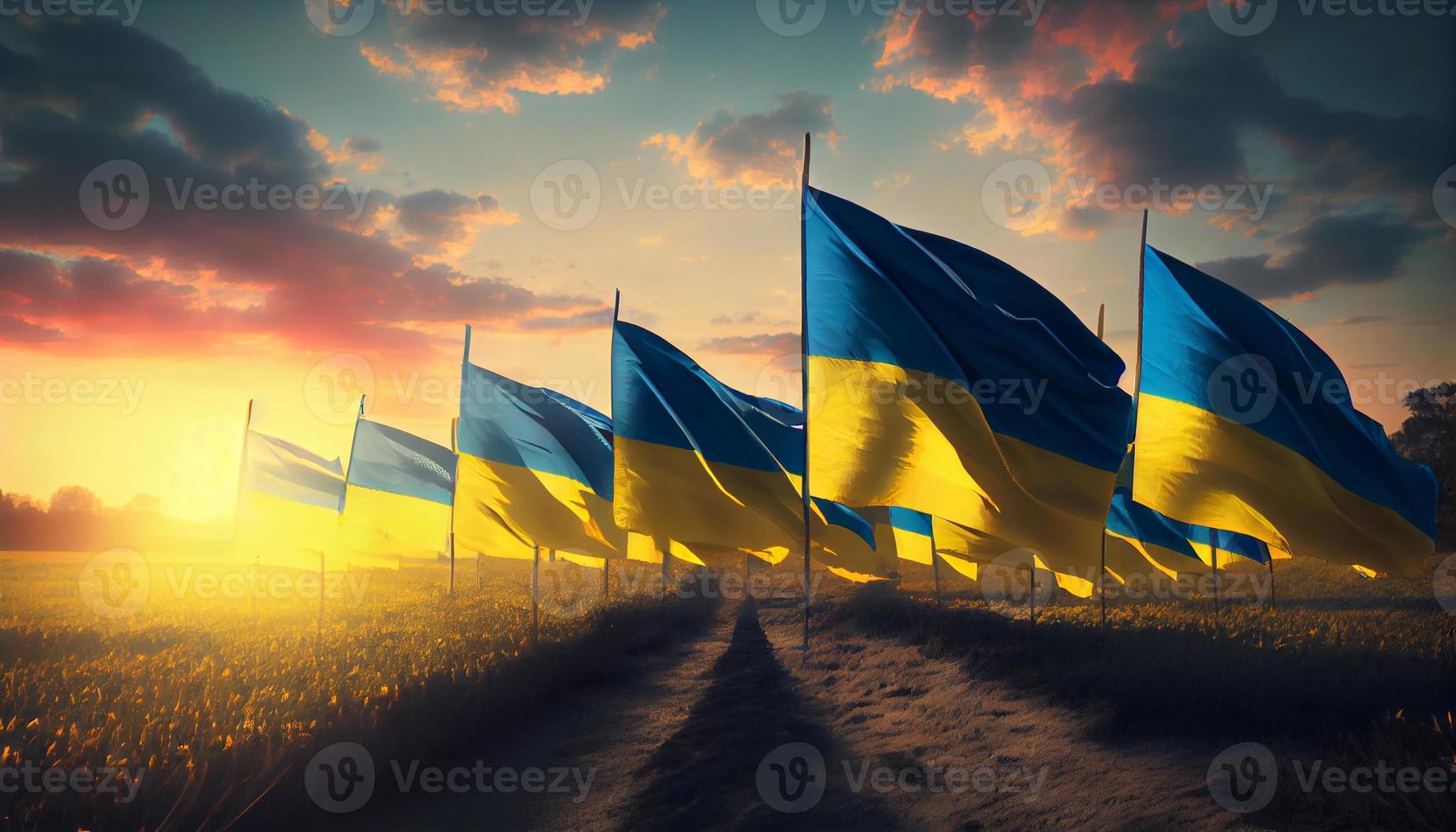 Field of Ukrainian flags at Sunset. Generate Ai. photo