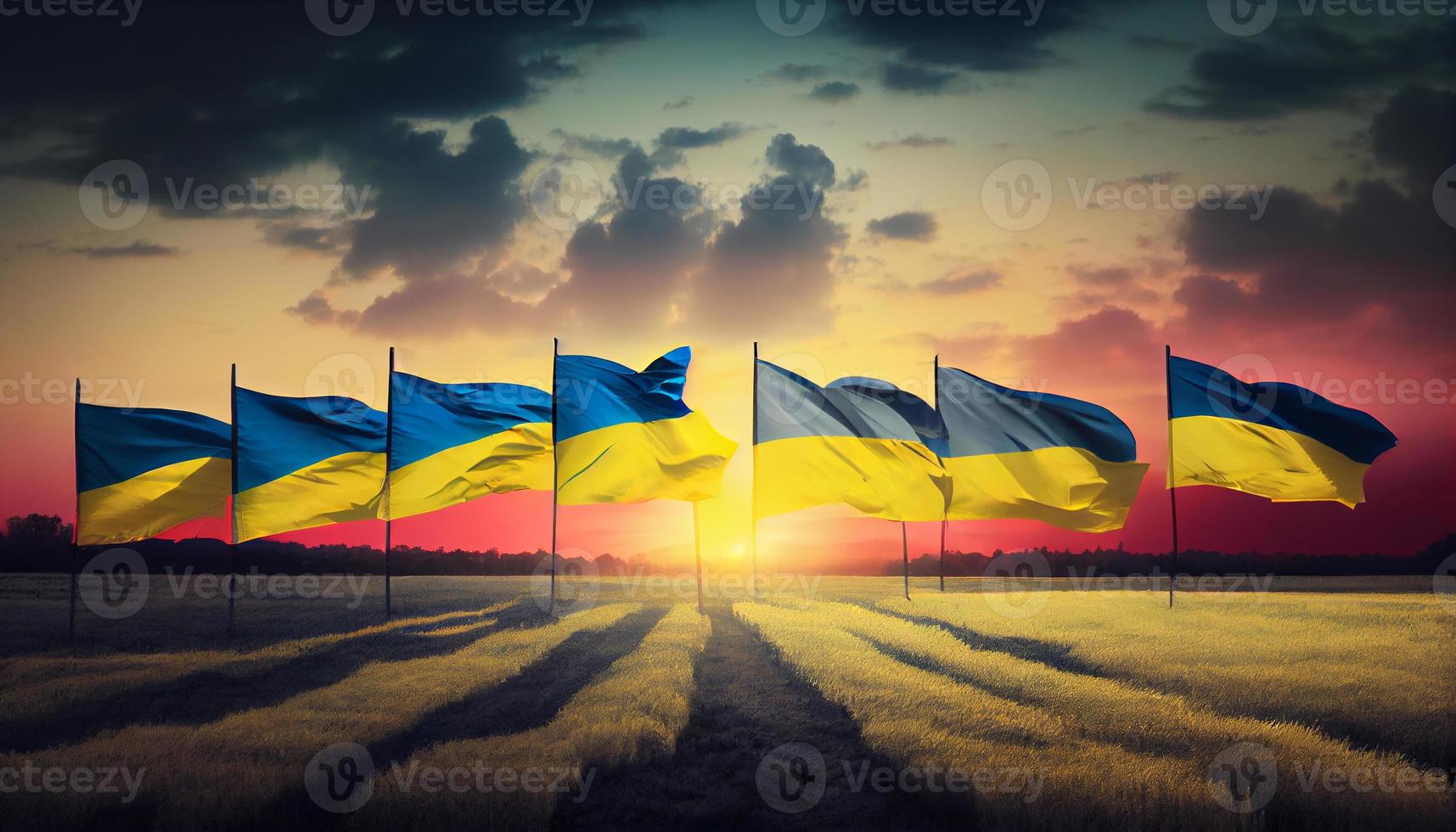 campo de ucranio banderas a puesta de sol. generar ai. foto