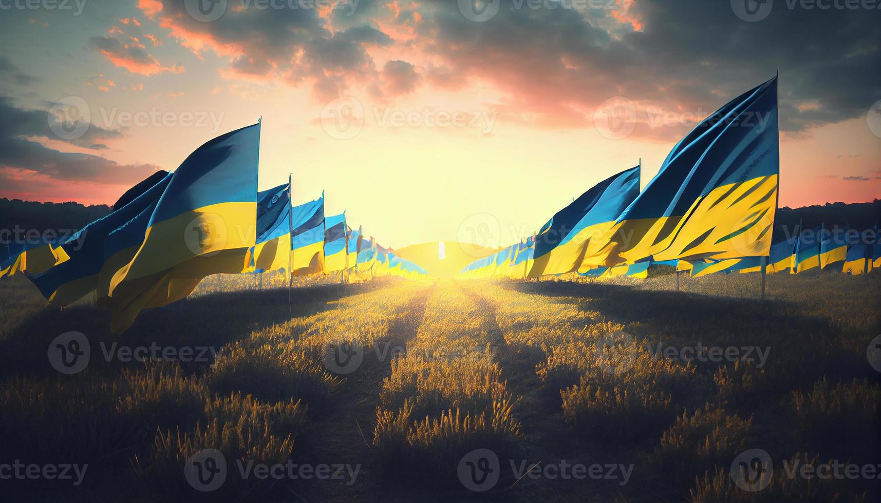 campo de ucranio banderas a puesta de sol. generar ai. foto