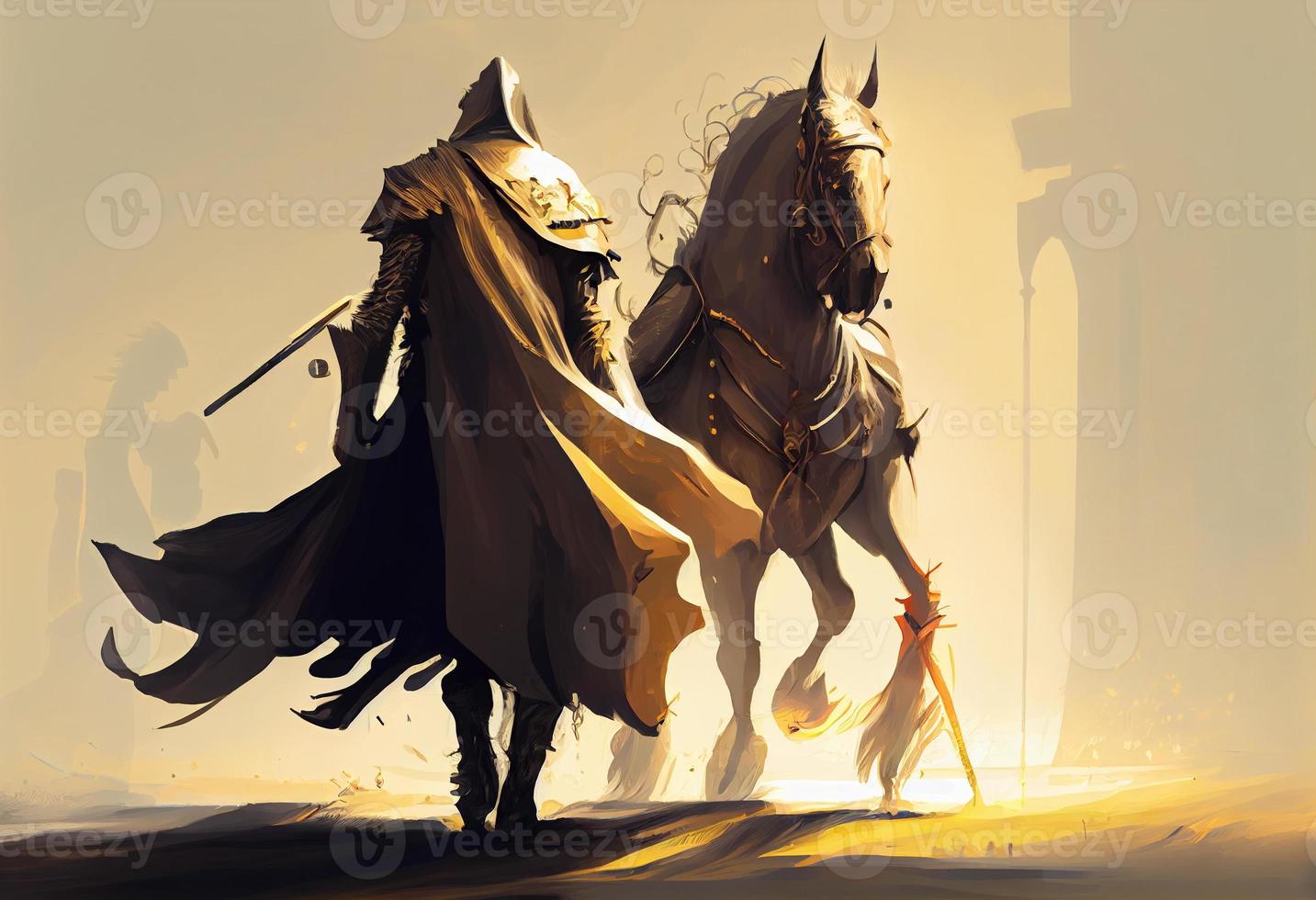 A golden knight and his horse walking to field of swords. Generate Ai. photo