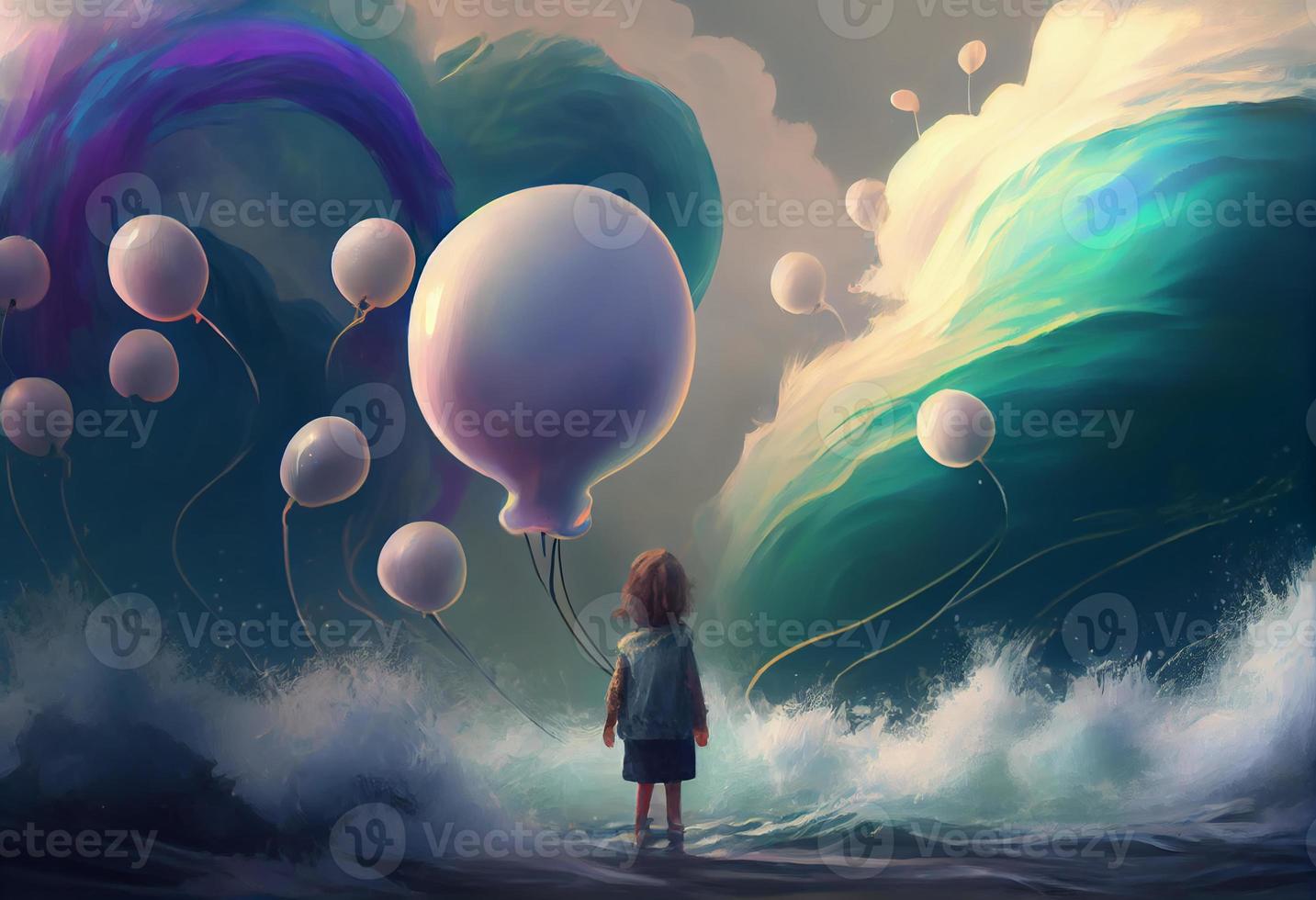 Digital illustration painting of child holding balloons standing in front of fantasy storm, sea. Generate Ai. photo