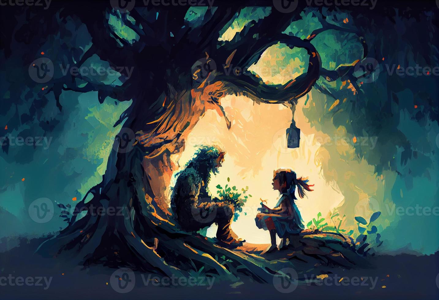 boy and girl playing under big tree. Generate Ai. photo