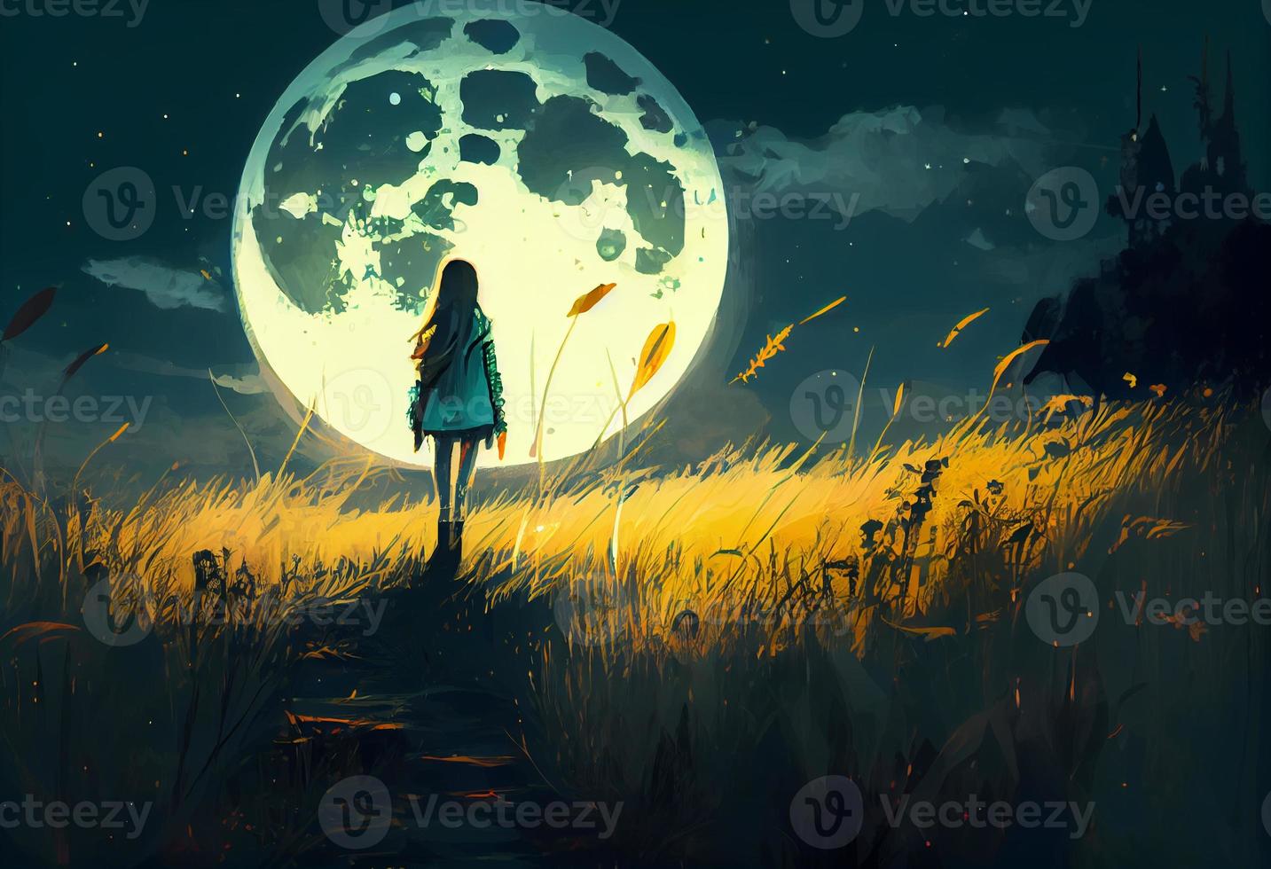 A girl with a big moon on meadow. Generate Ai. photo