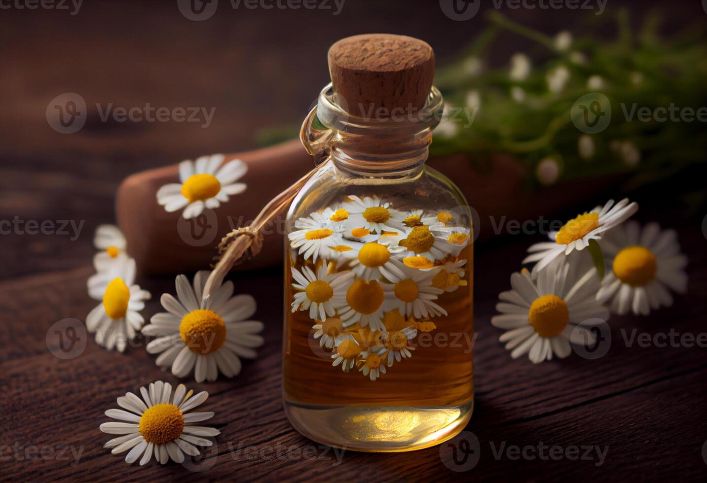 esencial petróleo en vaso botella con Fresco manzanilla flores generar ai. foto