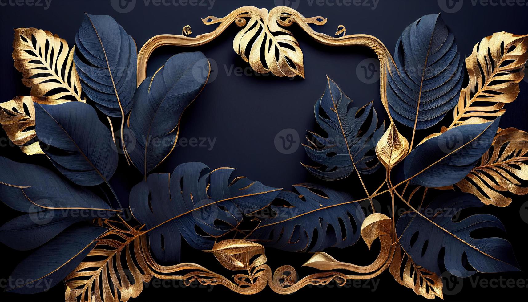 Background frame with golden and blue tropical leaves. Generate Ai. photo