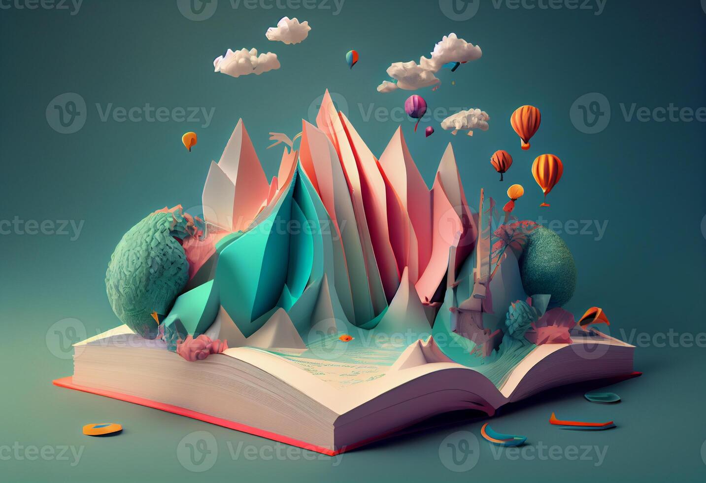 Books imagination, 3d illustration. Generate Ai. photo