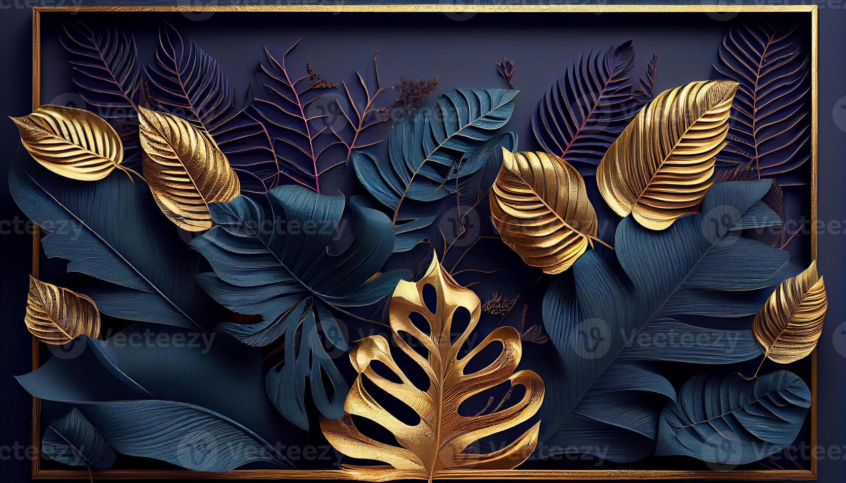 Background frame with golden and blue tropical leaves. Generate Ai. photo