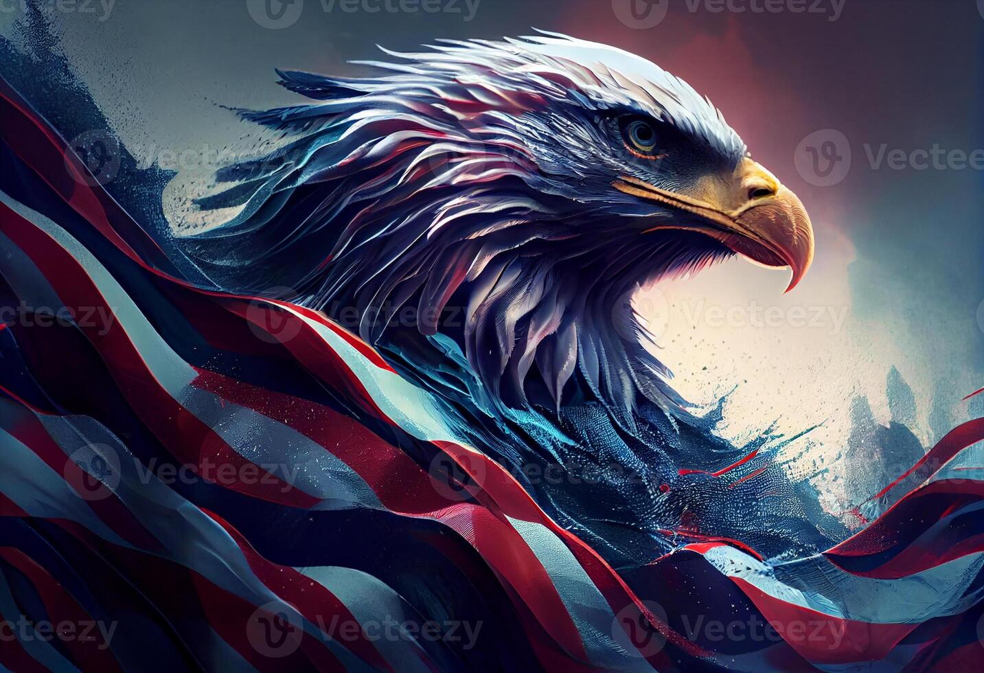 Wavy American flag with an eagle symbolizing strength and freedom . Generate Ai. photo