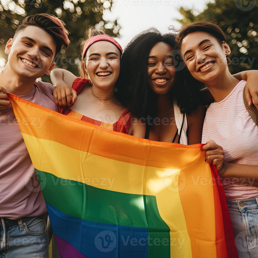 diverso joven amigos celebrando gay orgullo festival lgbtq. generativo ai foto