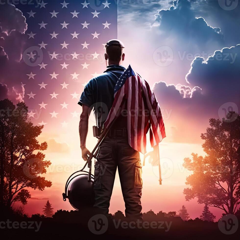 Attractive man in work clothes holding tools and a US flag. photo