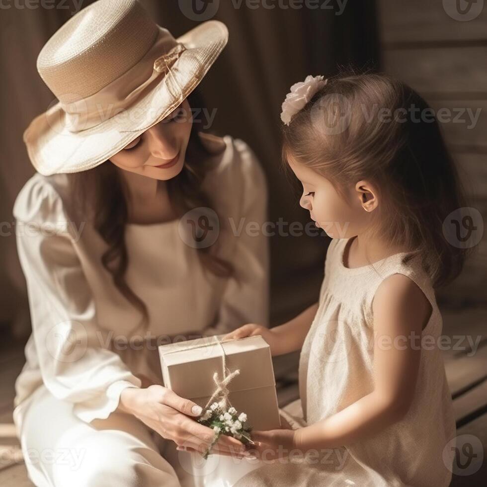 mujer con regalo para de la madre día recibido desde su pequeño hija a hogar. generativo ai foto