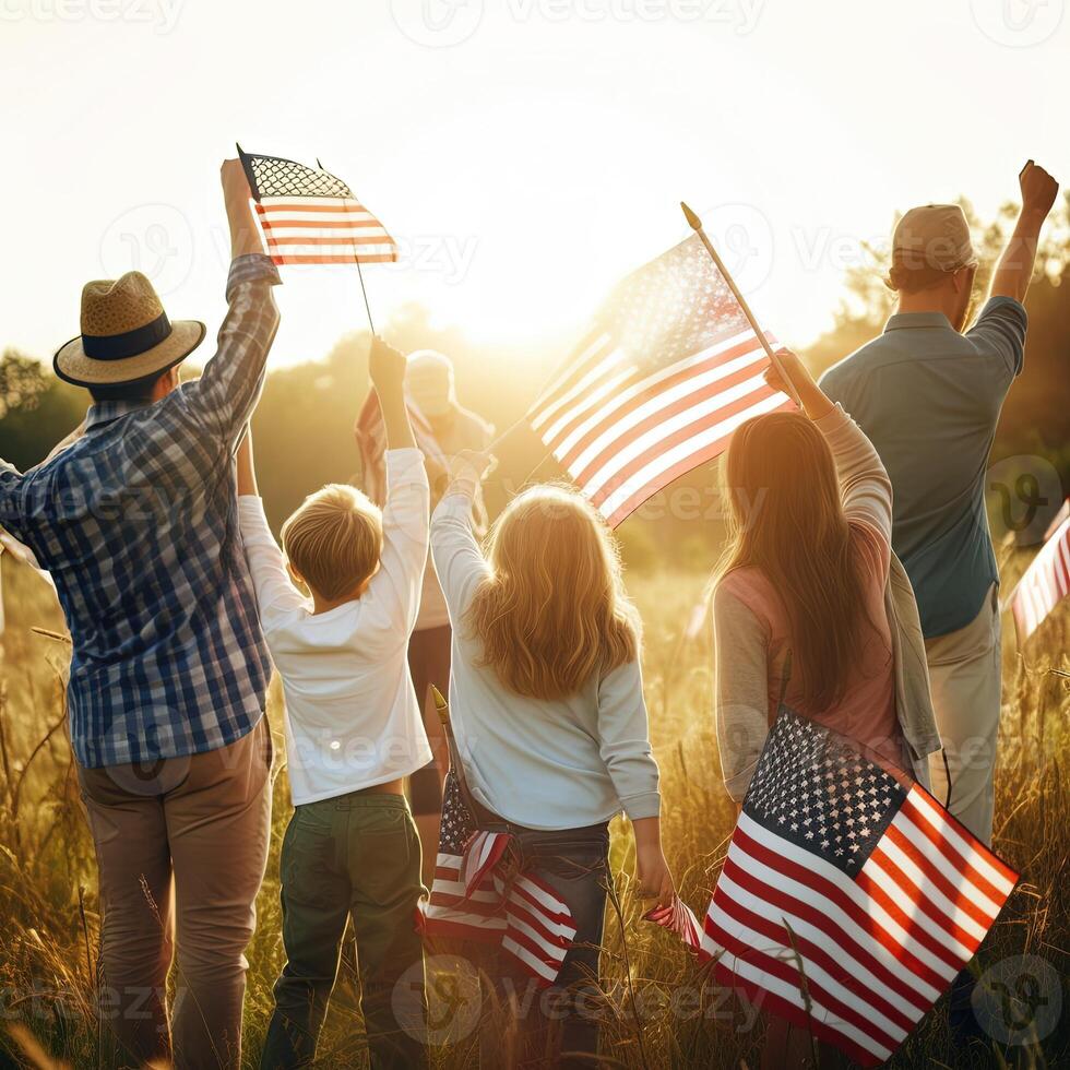 American Family Celebrating Waving USA Flags 4th of July. photo