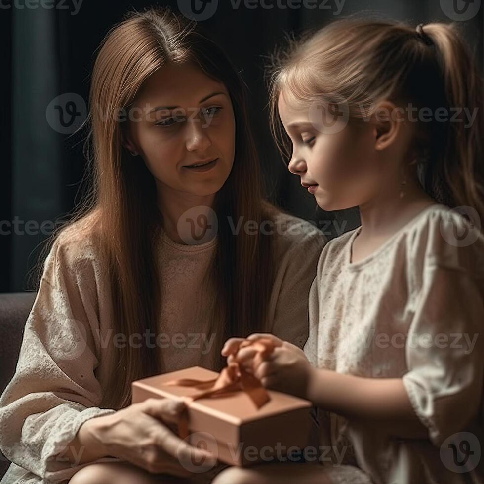 mujer con regalo para de la madre día recibido desde su pequeño hija a hogar. generativo ai foto