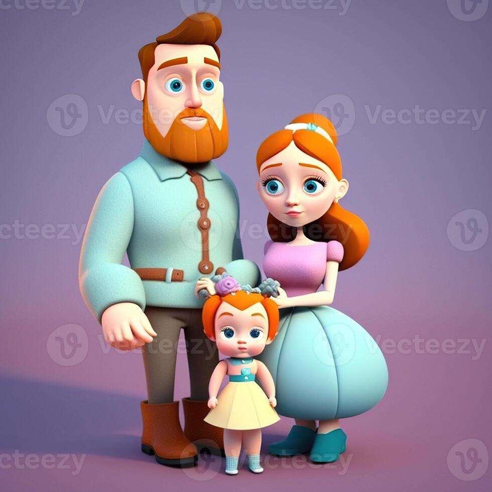Cartoon 3d family couple with baby girl. photo