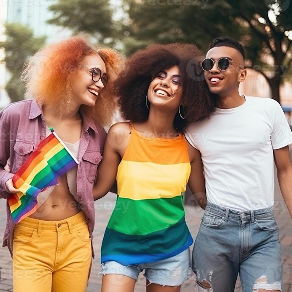 Diverse young friends celebrating gay pride festival LGBTQ. photo