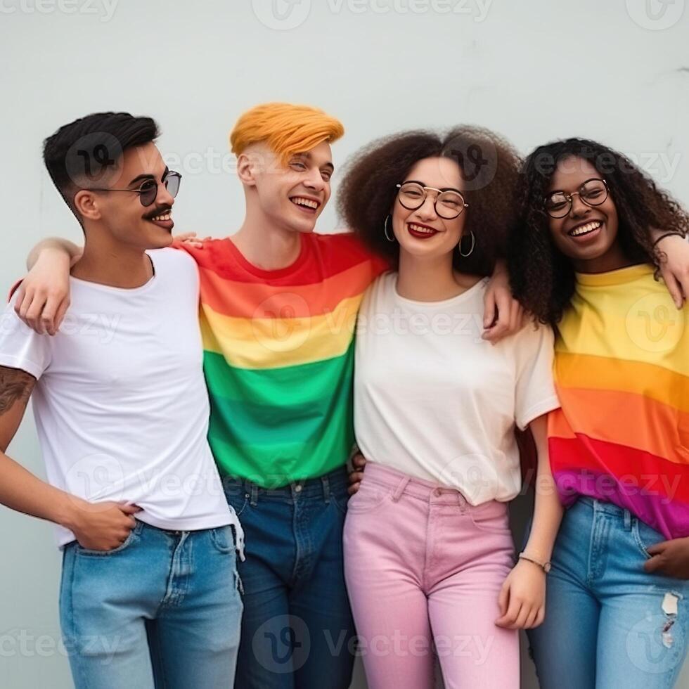 diverso joven amigos celebrando gay orgullo festival lgbtq. generativo ai foto