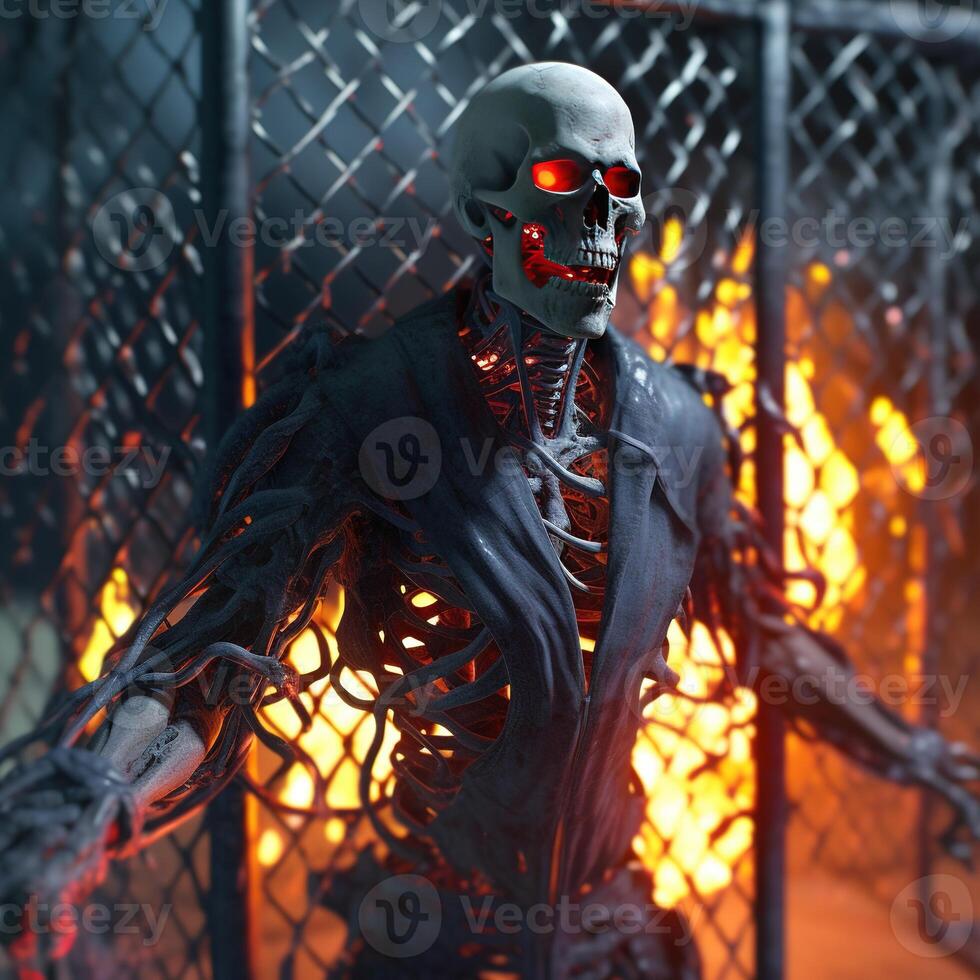 alto calidad 3d retrato representación de un demonio necrófago protegiendo esqueleto, cráneo en fuego. generativo ai foto