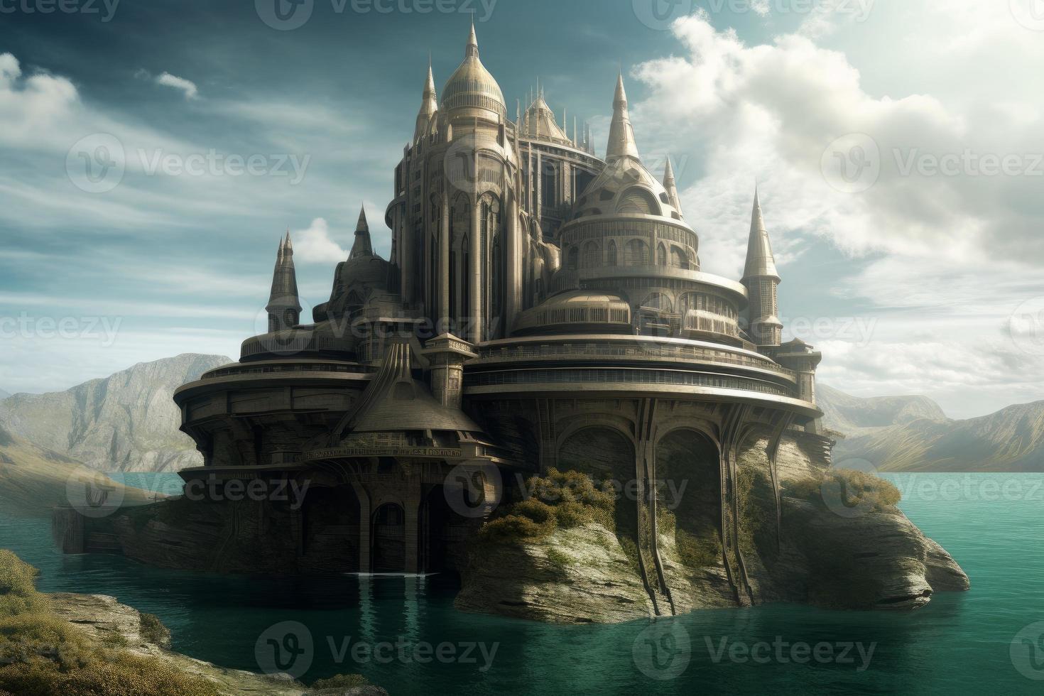 Futuristic castle landscape. Generate Ai photo