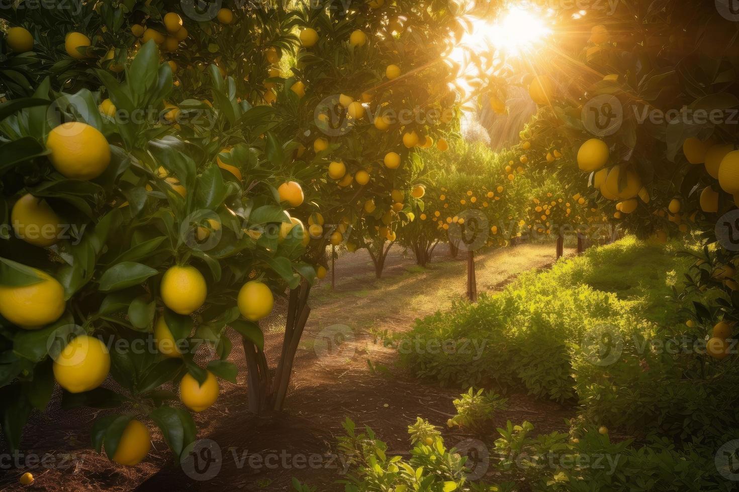 Lemon garden tree at sunrise. Generate Ai photo