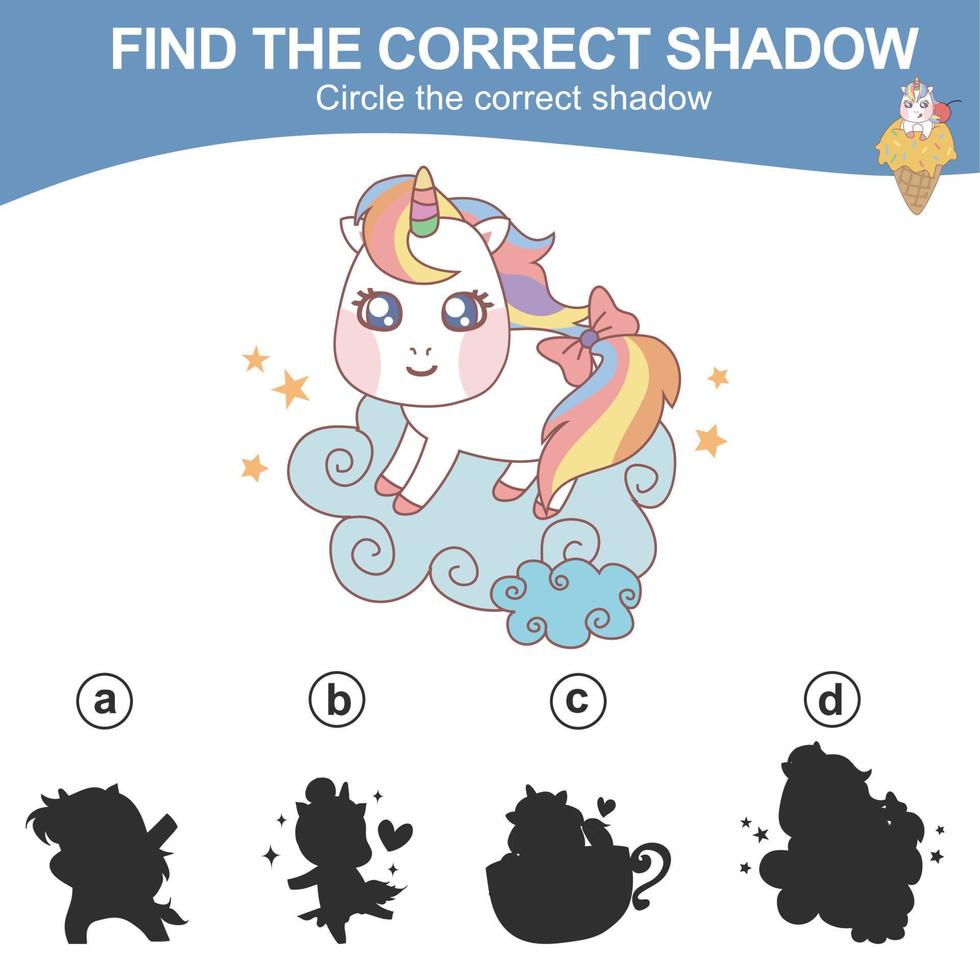 Find the correct shadow. Matching unicorn shadow game for children. Worksheet for kid. Educational printable worksheet. Vector illustration.